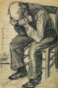 Vincent van Gogh's 1882 drawing of a sorrowing old man titled "Worn Out"